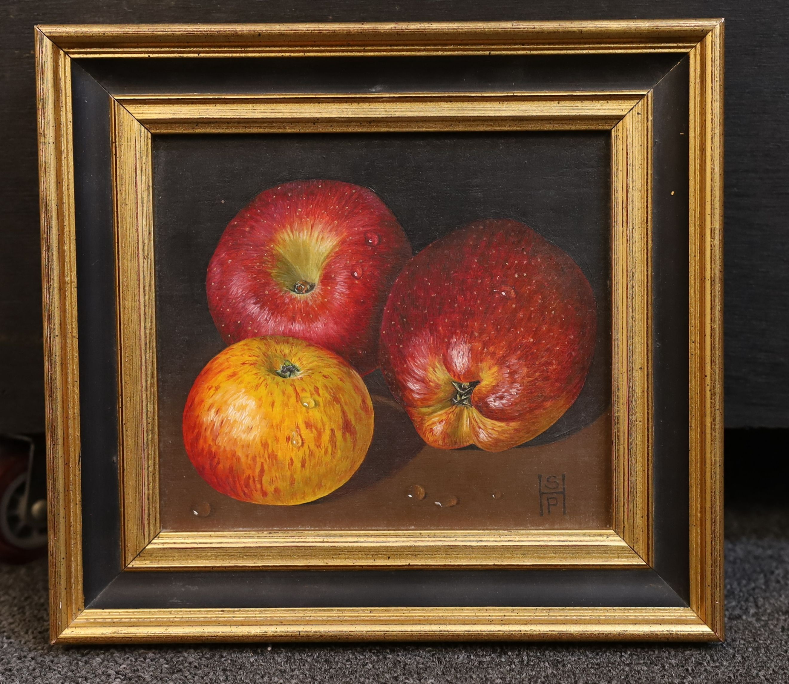 Susan Hearson, oil on board, Study of apples, monogrammed, 15 x 17cm